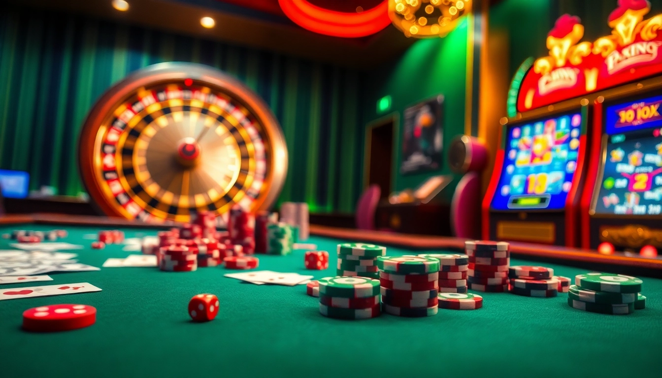 Engage with high-stakes gambling at https://88vv.media/ featuring vibrant casino tables, poker chips, and roulette wheels.