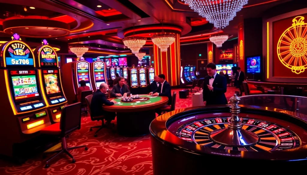 Players enjoying high-stakes poker and spinning roulette in a 5z777 casino atmosphere.