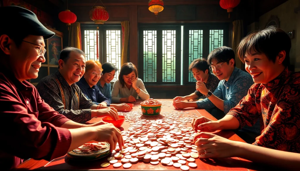 The excitement of xóc đĩa: players engaging in a dynamic gambling scene with traditional elements.