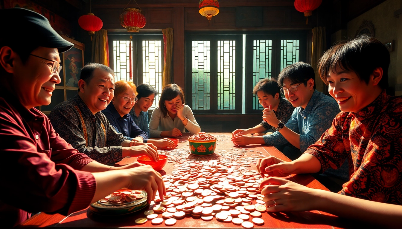 The excitement of xóc đĩa: players engaging in a dynamic gambling scene with traditional elements.