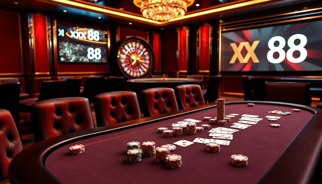 Experience the thrill of xx 88 with vibrant poker chips and an alluring roulette wheel in a luxurious casino.