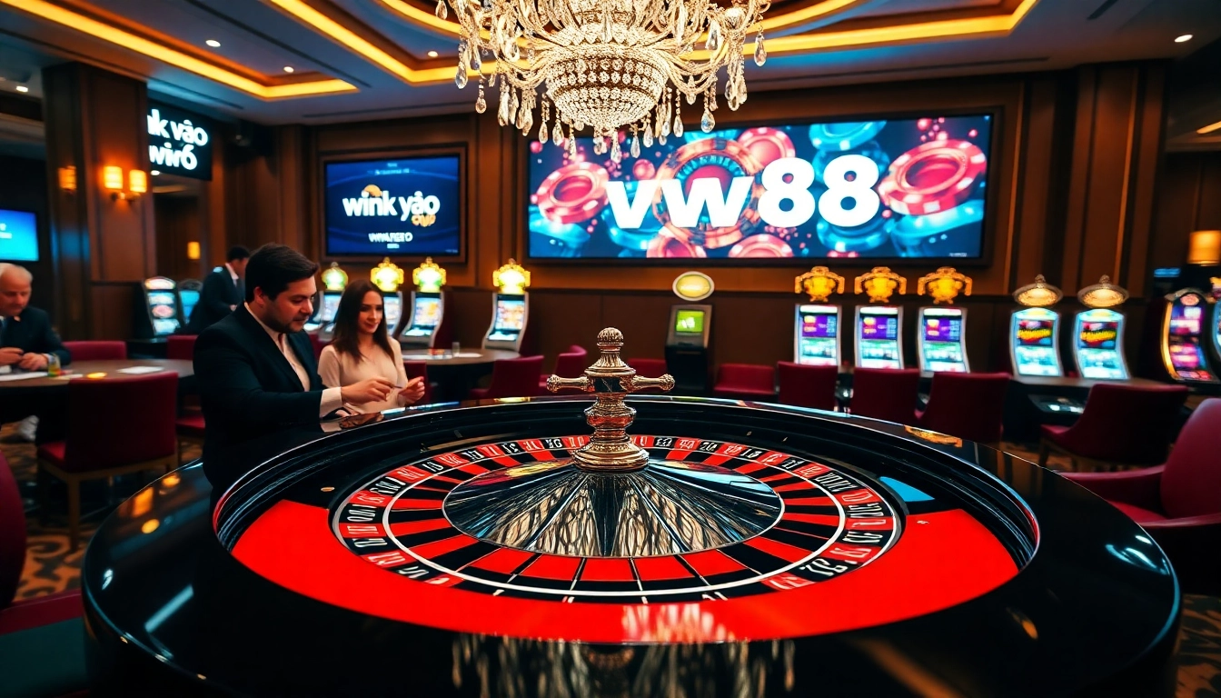 Place bets at link vào ww88 in a vibrant casino scene with roulette and poker table.