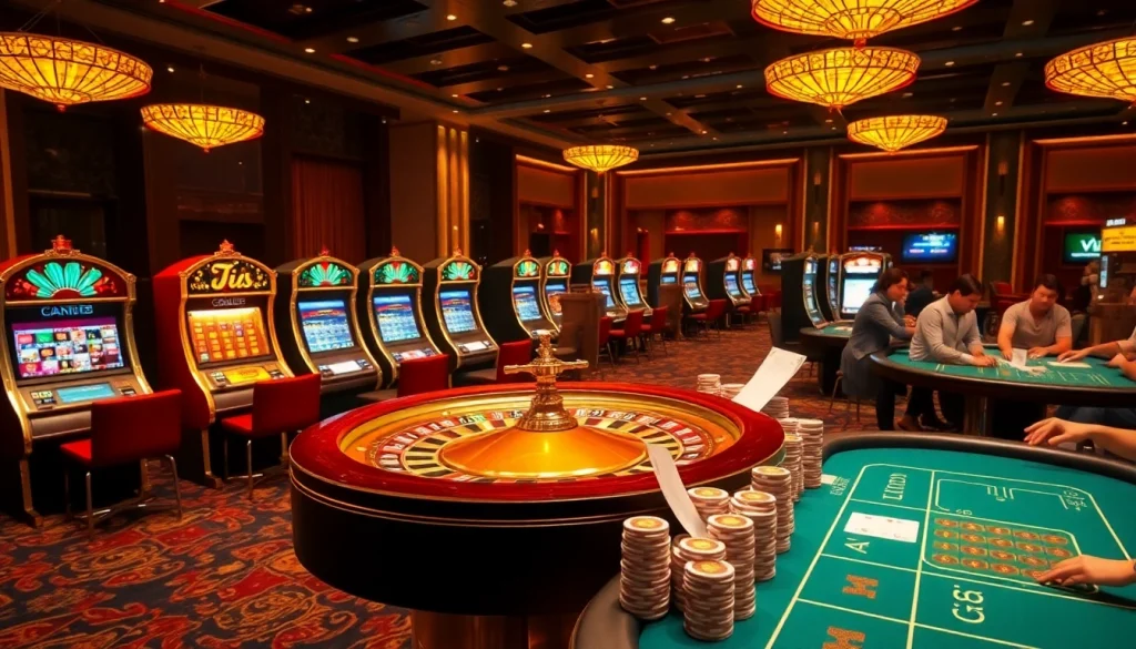 Experience the thrilling casino atmosphere with vz99, highlighting poker chips and vibrant slot machines.