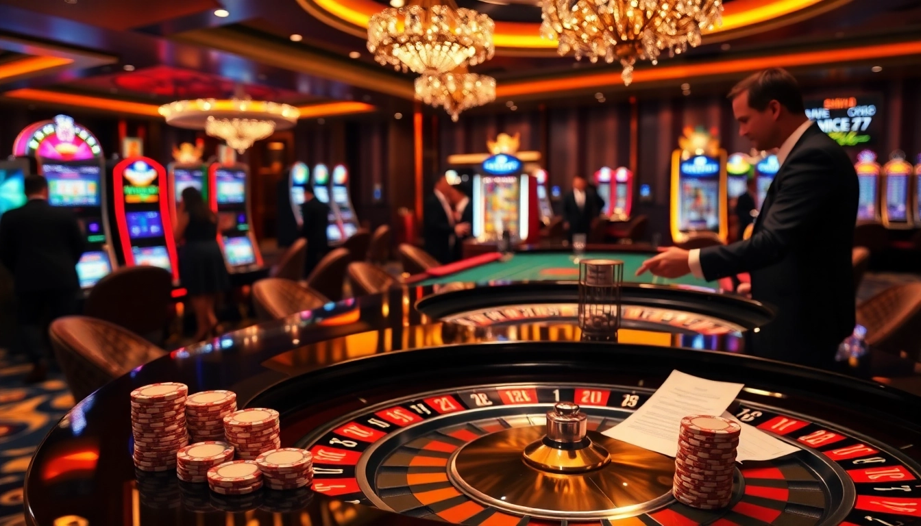 High-energy gambling scene at https://luck8f.jpn.com/ with roulette table and vibrant slot machines.
