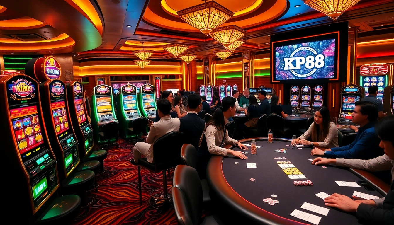Players enjoying thrilling games at KP88 casino, featuring vibrant slot machines and poker tables.