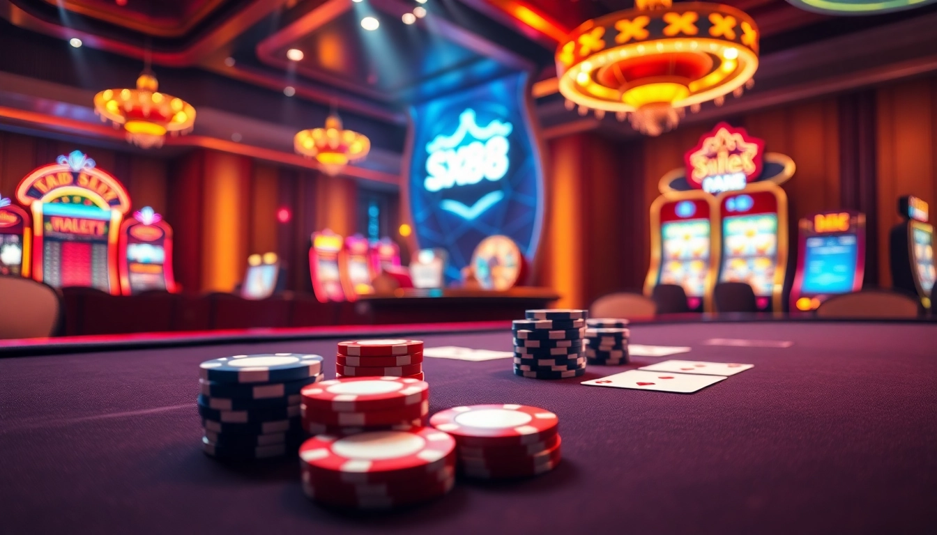 Sx88 players enjoying an exciting casino experience with vibrant poker tables and slot machines.