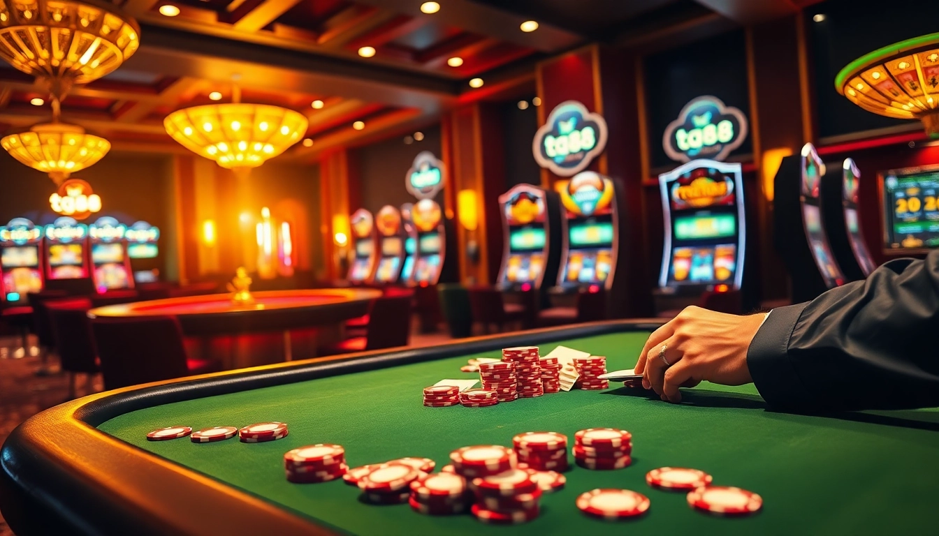 Experience the thrill of tg88 at a luxurious casino with vibrant poker chips and cards.