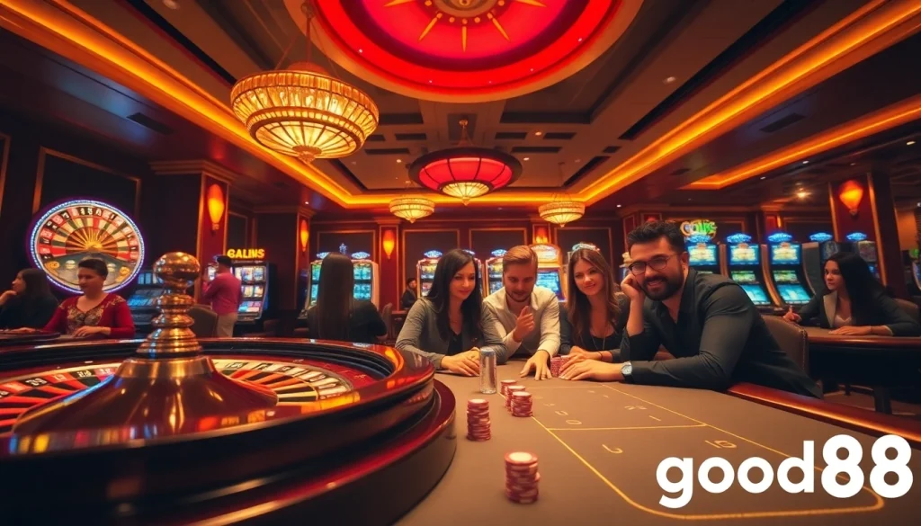 Engaging gamblers at a poker table with good88 branding in a luxurious casino setting.