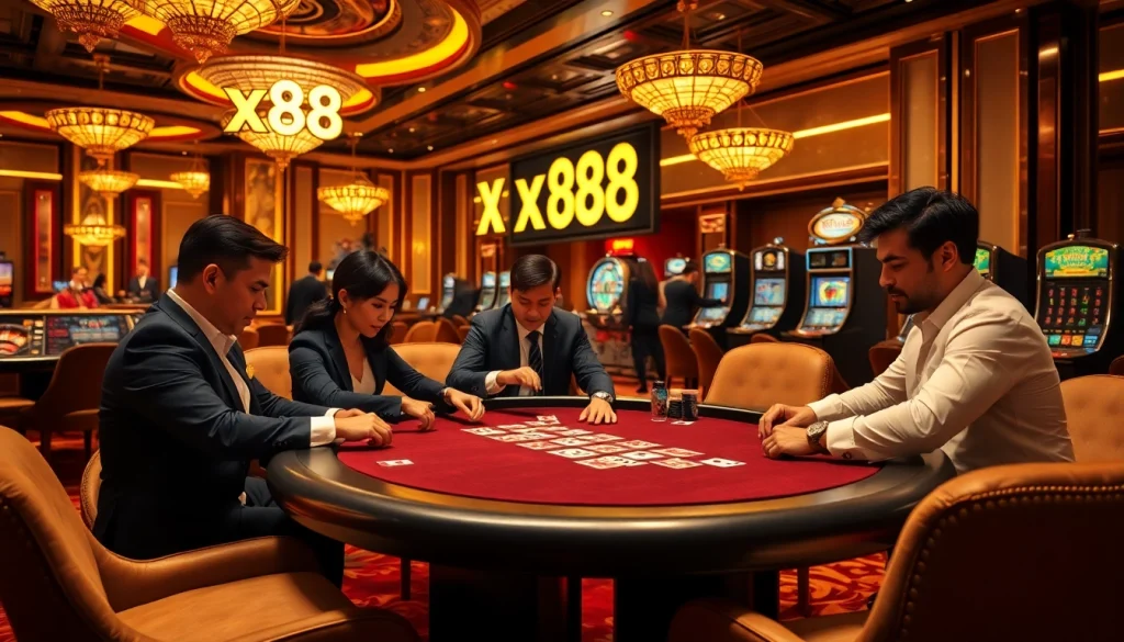 Players at a luxurious casino poker table with intense focus on xx88 game strategies.