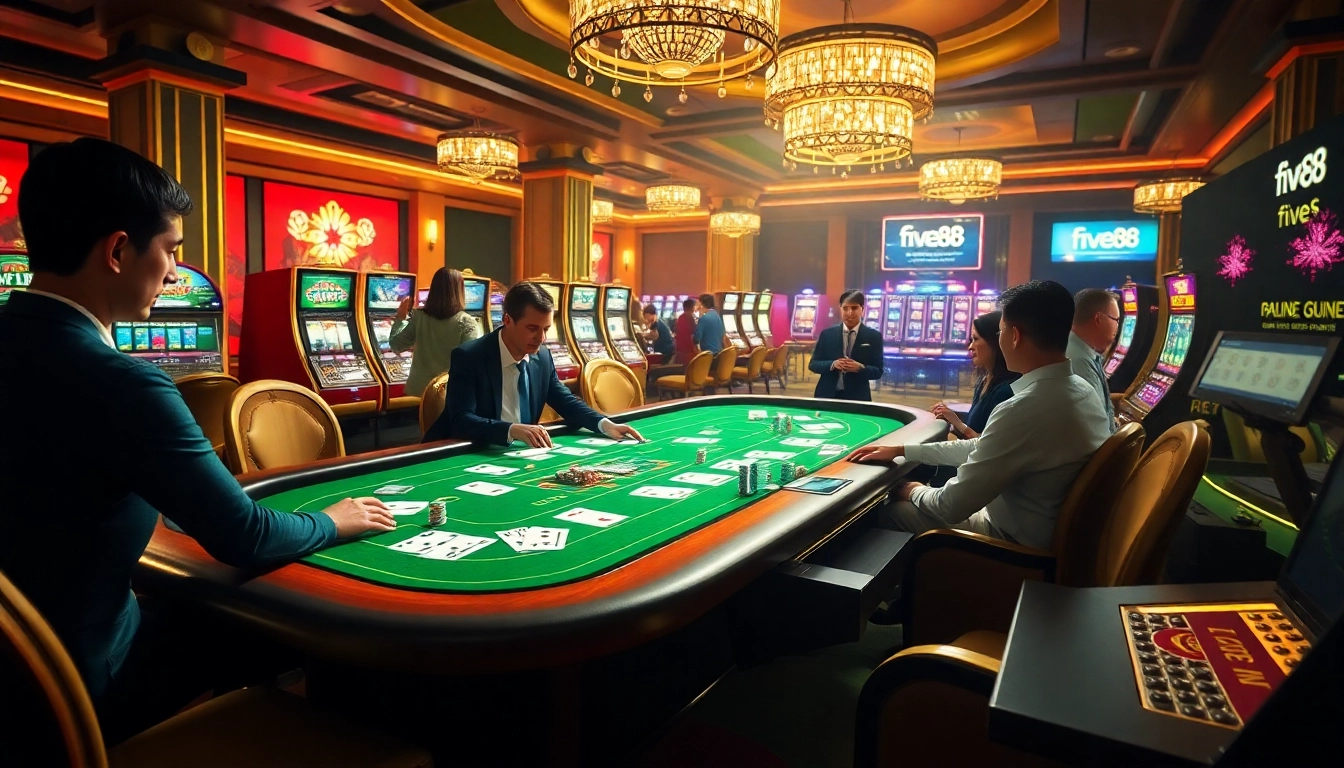 Experience thrilling gaming at five88 with an elegant casino table featuring cards and chips.