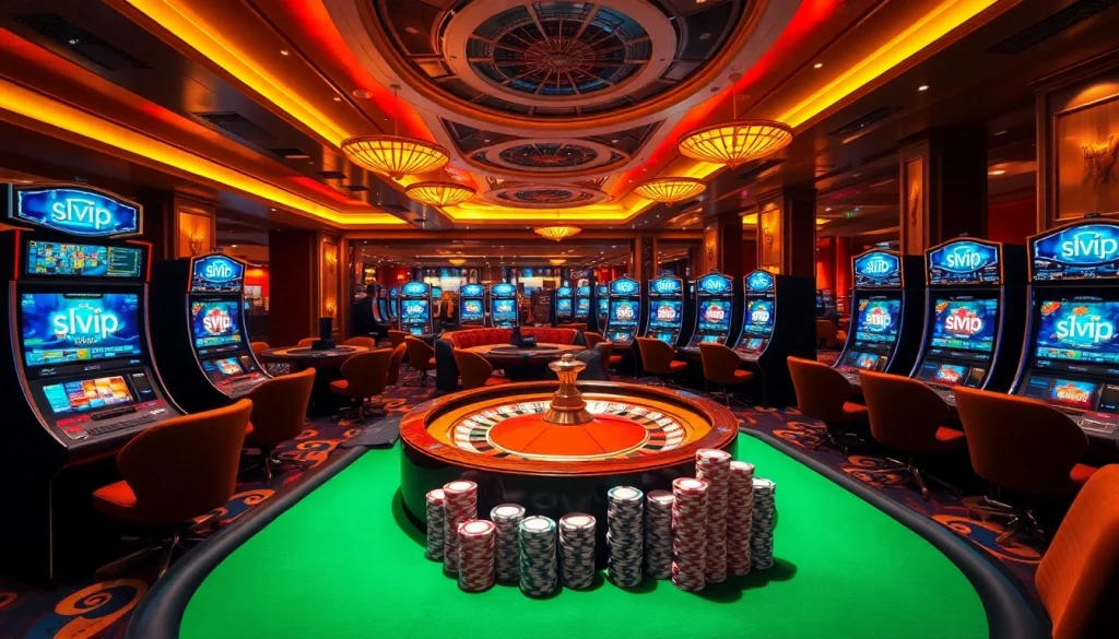 Experience the excitement of slvip at a luxurious casino featuring vibrant slot machines and roulette.