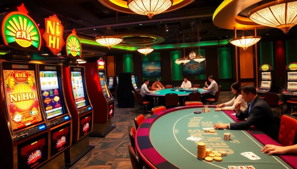 Nổ Hũ jackpot display on vibrant slot machines in an exciting casino setting
