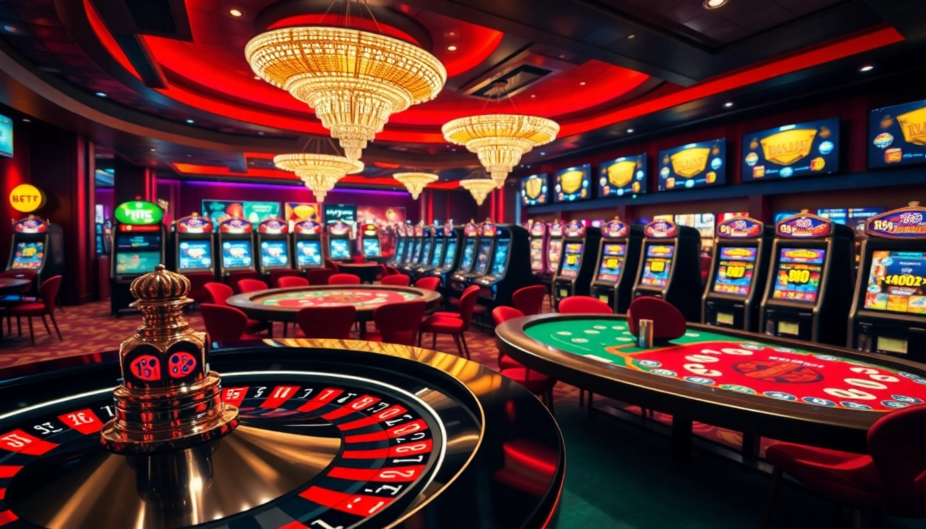 Experience top-tier gaming at mm88 with vibrant casino tables and slots in a luxurious environment.