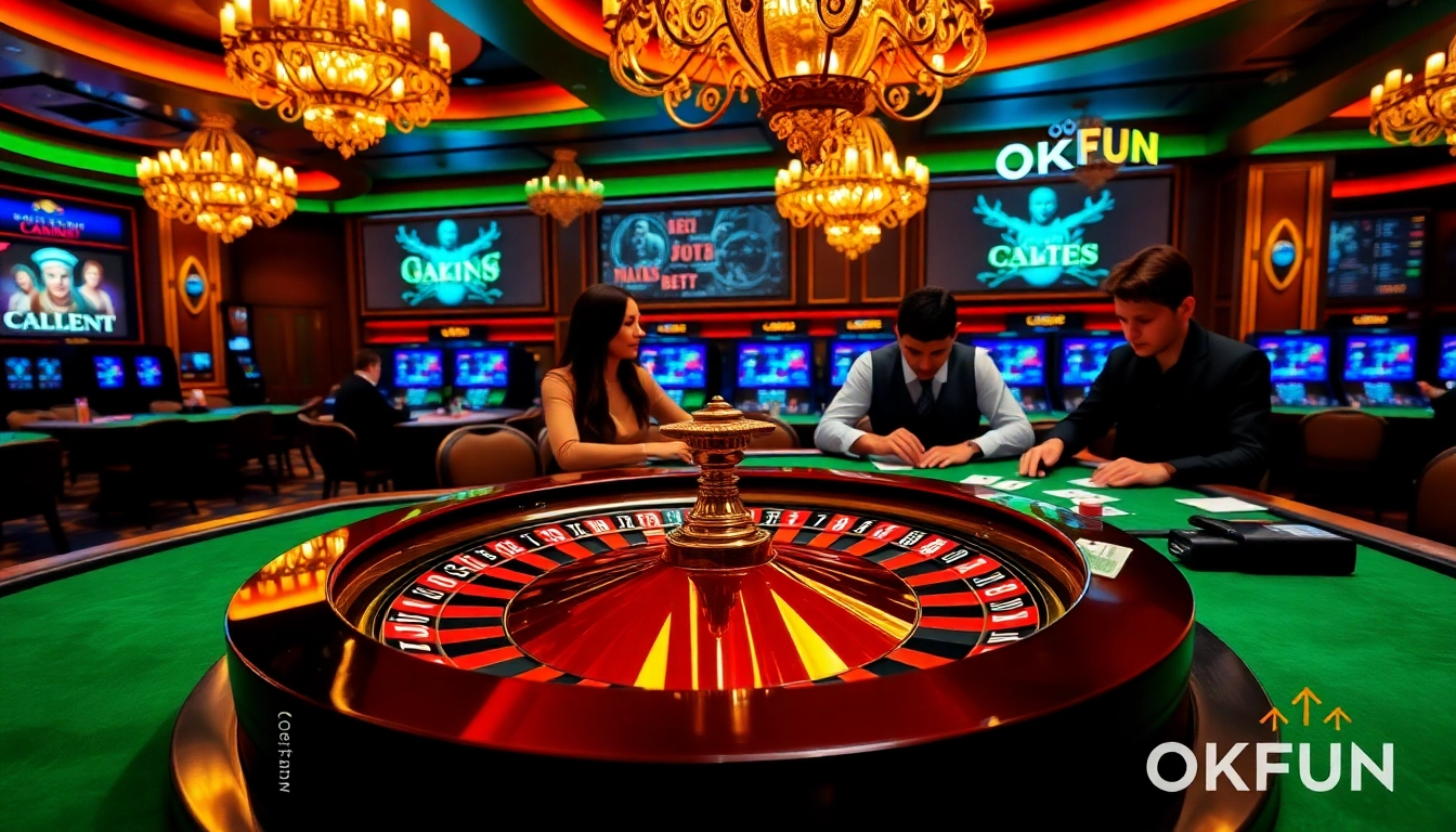 Players enjoying casino games with OKFUN branding, showcasing excitement and thrill.