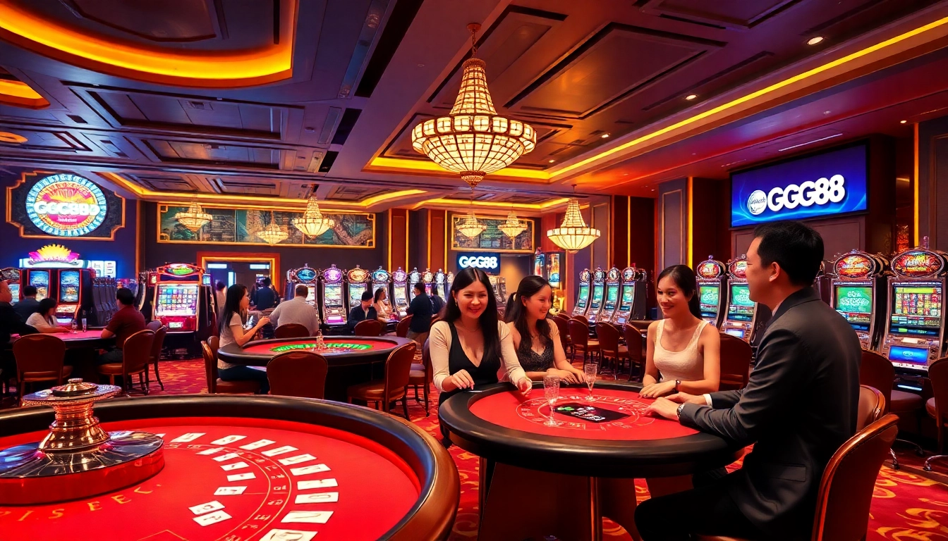 Players enjoy an exciting gaming experience at GG88 casino tables, with vibrant slot machines and a Roulette wheel.