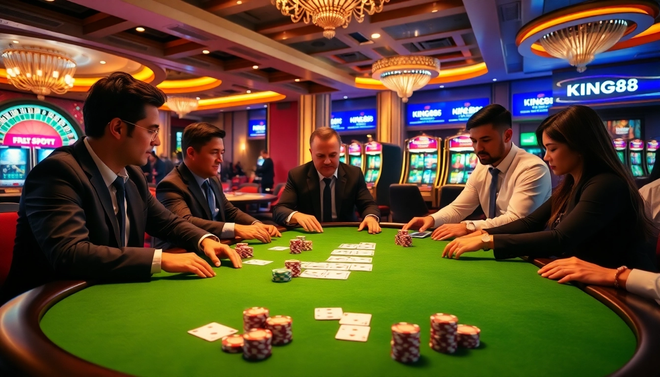Engaged players competing at a professional poker table at KING88 Casino, showcasing excitement and strategy.
