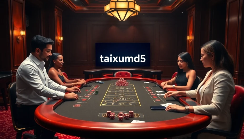 Taking a bet with taixiumd5 at a luxurious casino table surrounded by excited players.