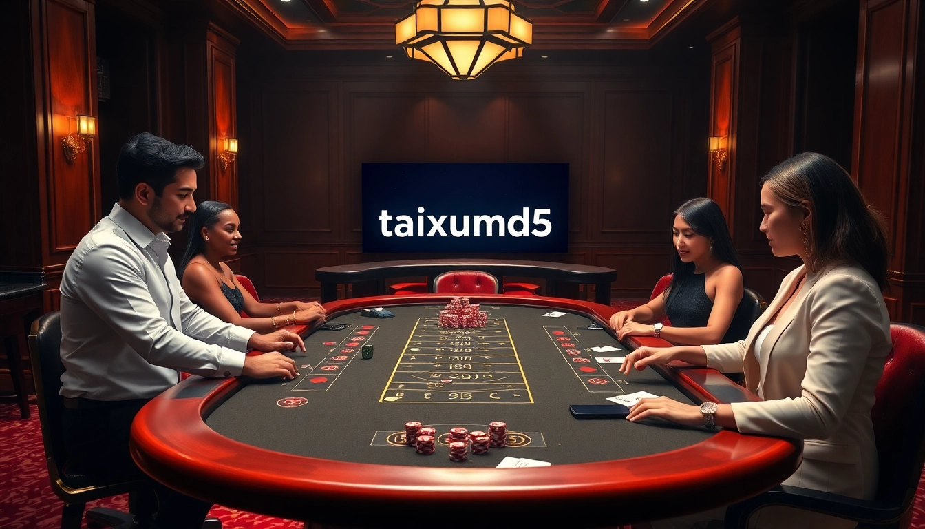 Taking a bet with taixiumd5 at a luxurious casino table surrounded by excited players.
