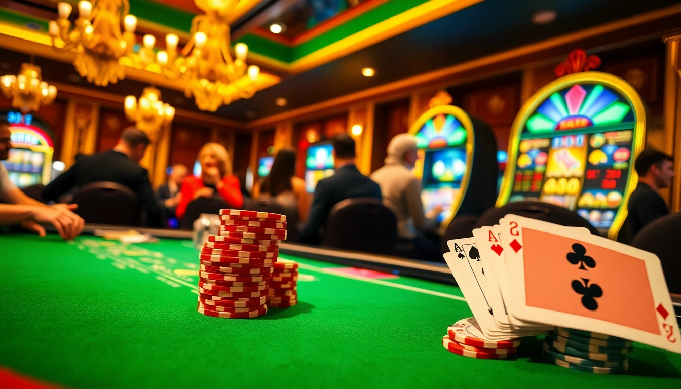 Players enjoying a vibrant casino atmosphere at https://nohu90.tools/ with poker chips and a slot machine.