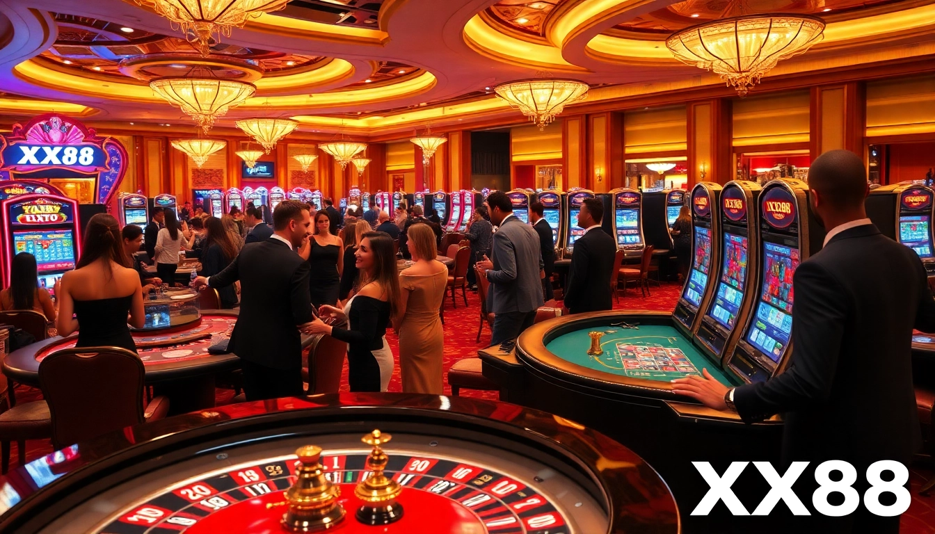 Players enjoying games like poker and slots at a vibrant XX88 casino setting.