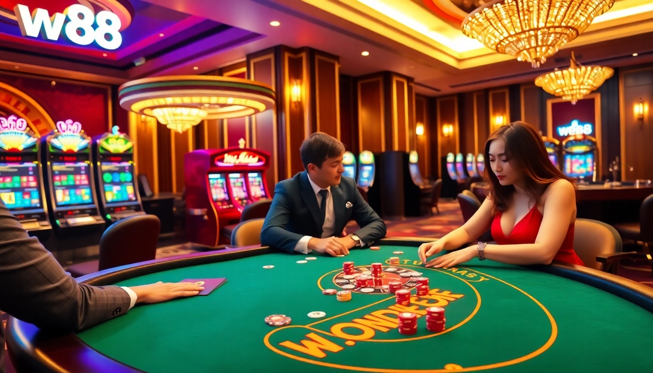 W88 branded poker game in a luxurious casino radiating excitement and opportunities.