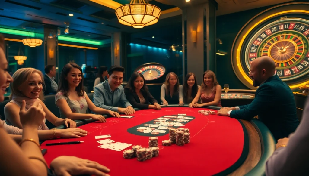Engage in the thrilling atmosphere of ku3933's luxury casino, featuring vibrant poker tables and roulette.