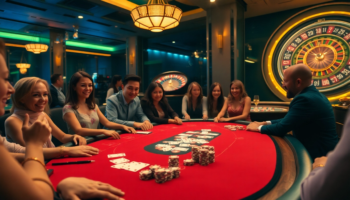 Engage in the thrilling atmosphere of ku3933's luxury casino, featuring vibrant poker tables and roulette.