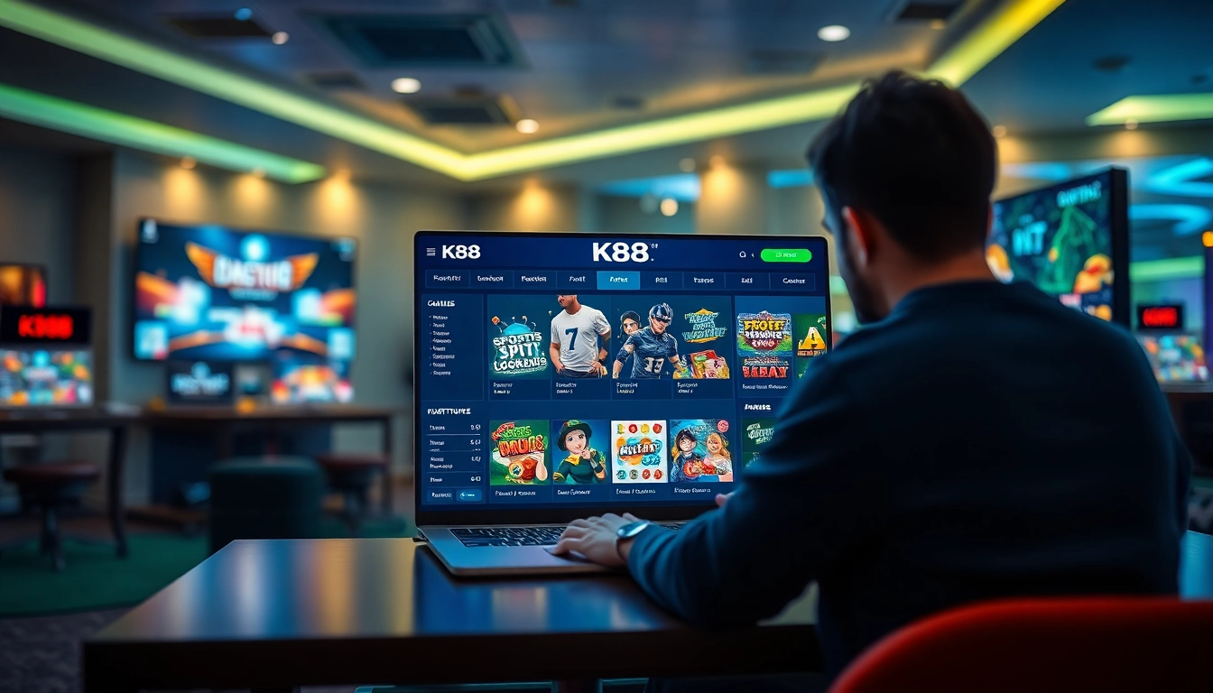 Engaging online gaming experience at K88 showcasing live casino, sports betting, and slot games.