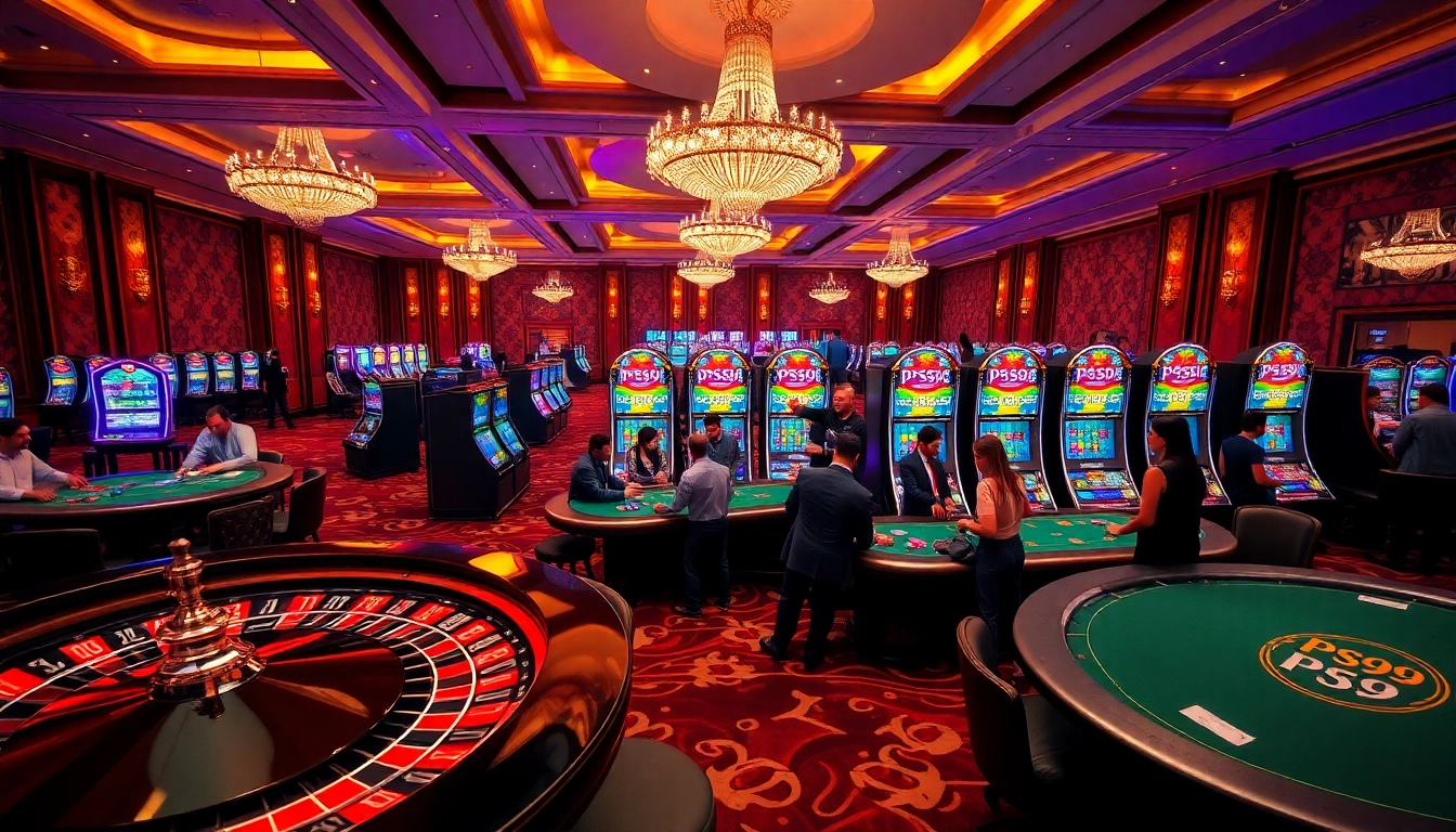 Experience the thrill of PS99 at an upscale casino with vibrant slot machines and elegant tables.