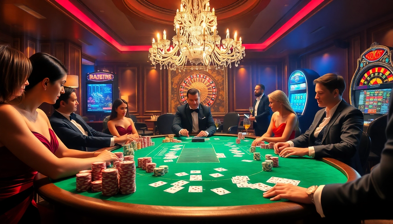 Engaging casino scene showcasing vibrant poker gameplay at https://ok365vvip.com/ with chips and cards.