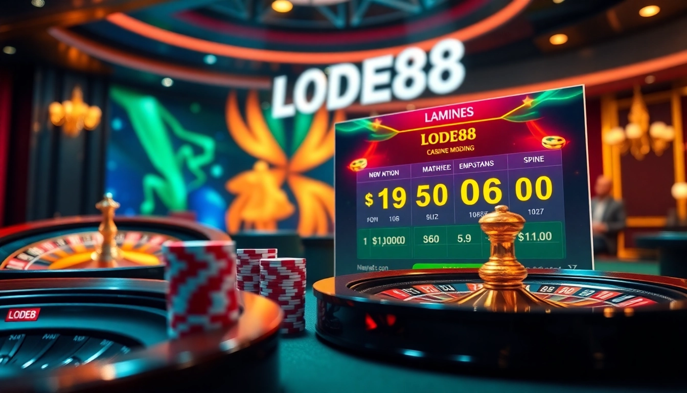 Experience the excitement of online gambling at https://lode88.auction/ with a vibrant casino scene showcasing high stakes.