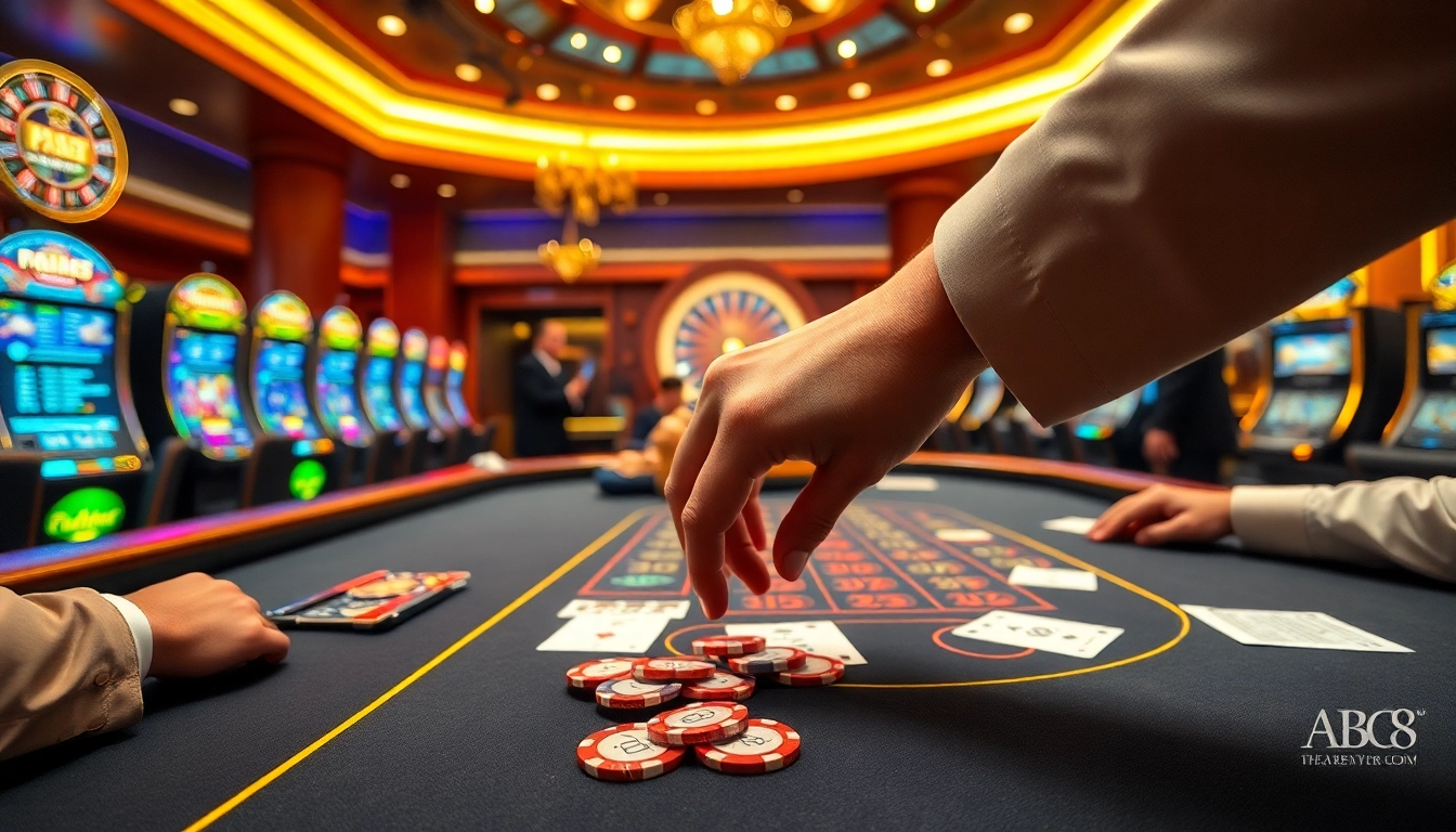 Thrilling ABC8 casino scene with players at the blackjack table and vibrant gambling atmosphere