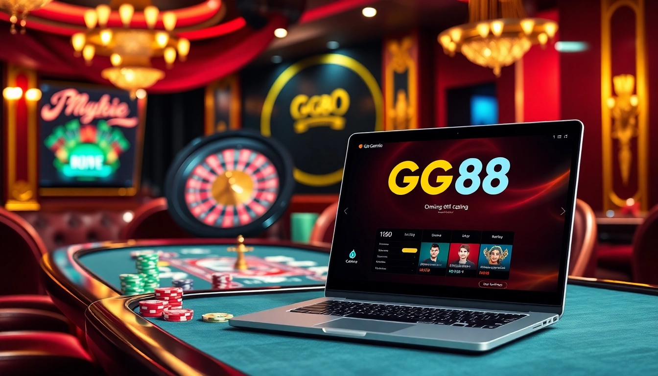 Engaging in high-stakes gaming action at GG88 casino with vibrant poker chips and roulette.