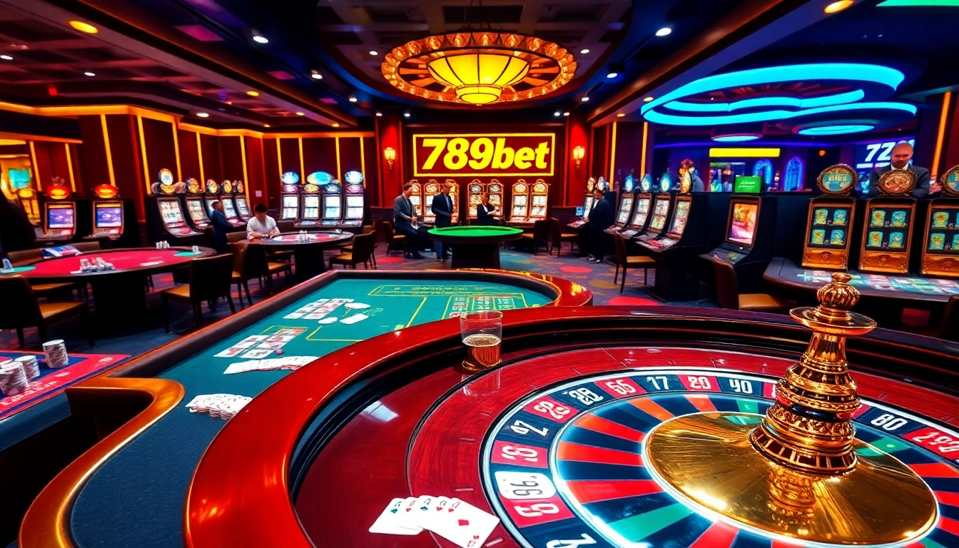 Experience the thrill of gambling at 789bet with vibrant casino tables and rich decorations.