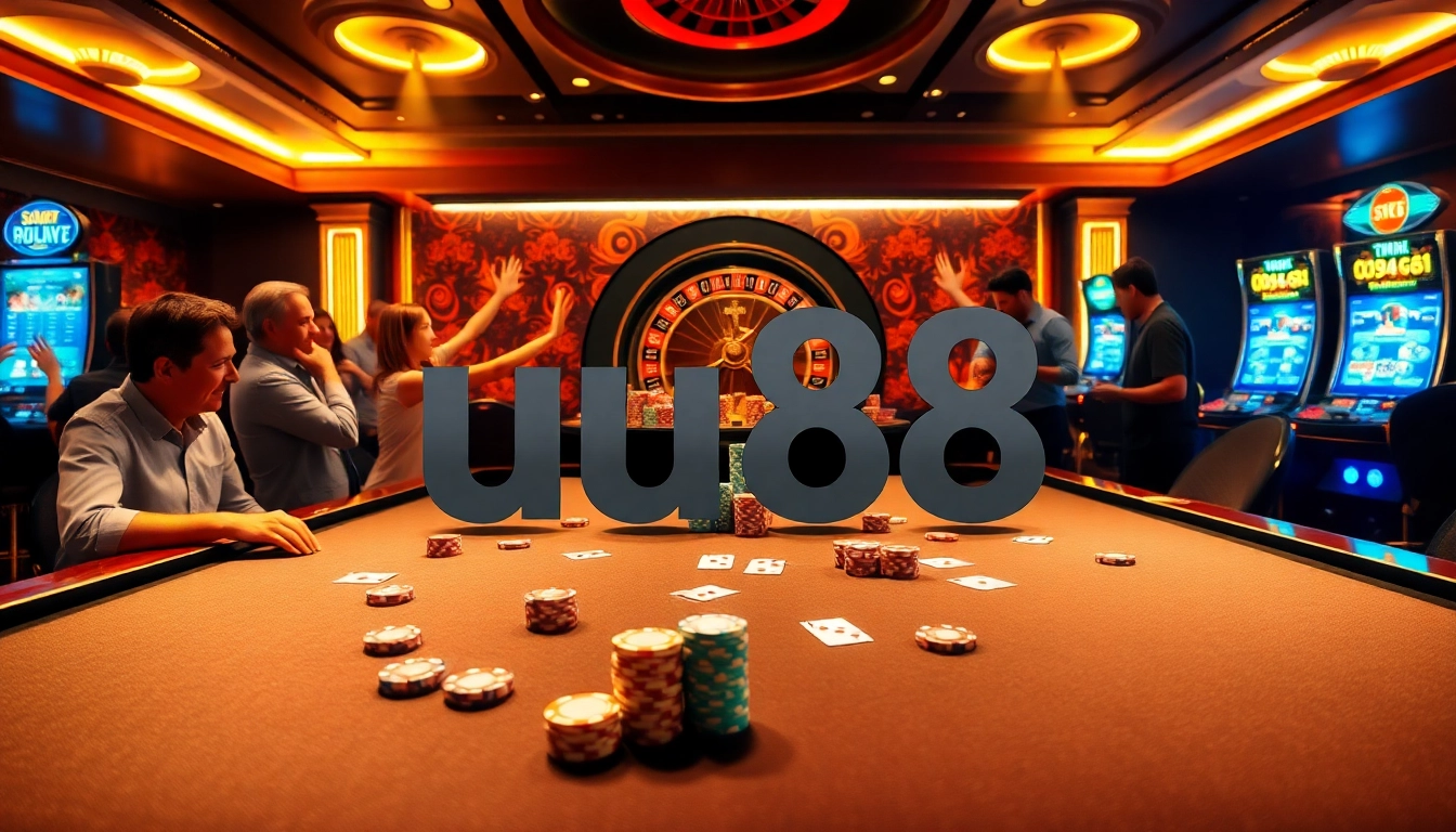 Experience excitement at the uu88 casino with players enjoying poker and roulette.