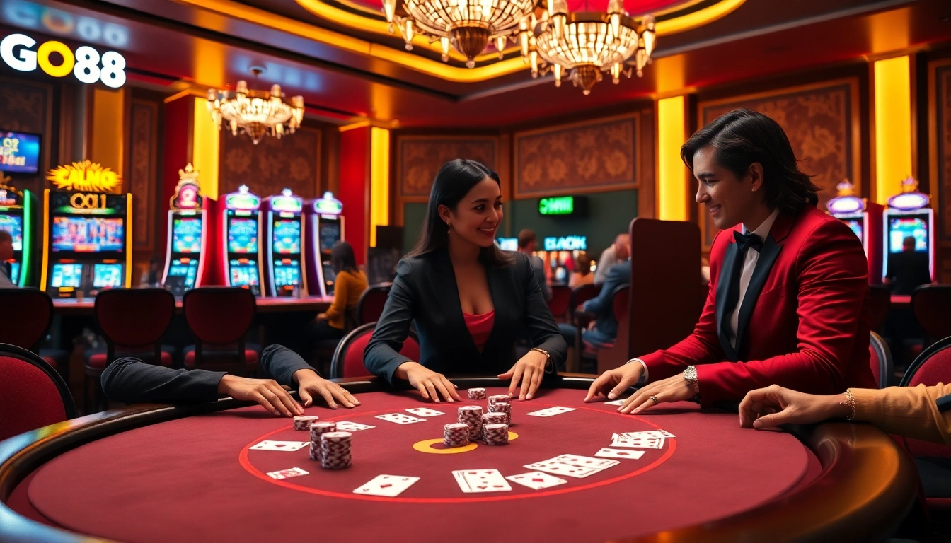 GO88 players celebrating a win at a luxurious online casino table with vibrant cards and chips.