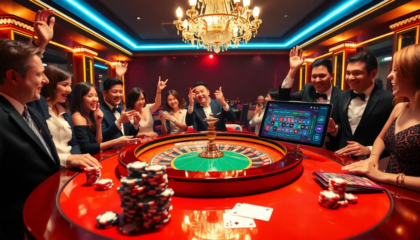 Casino atmosphere with vibrant roulette table, showcasing Nhà Cái Uy Tín and excited gamblers celebrating victories.