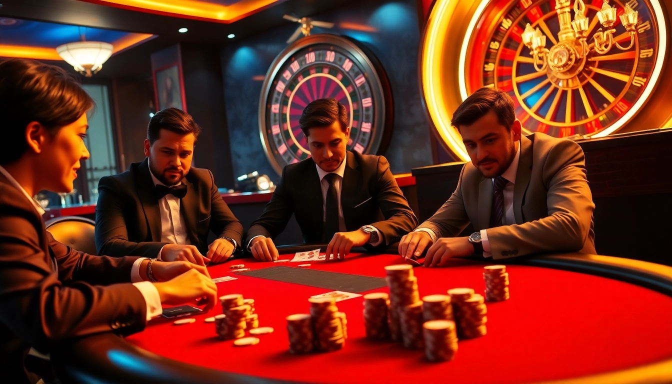 8kbet players strategizing at a luxurious casino poker table with vivid chips and cards.
