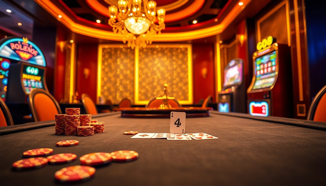 Experience the thrill of GO88 gaming with a luxurious casino scene showcasing vibrant poker chips and cards.