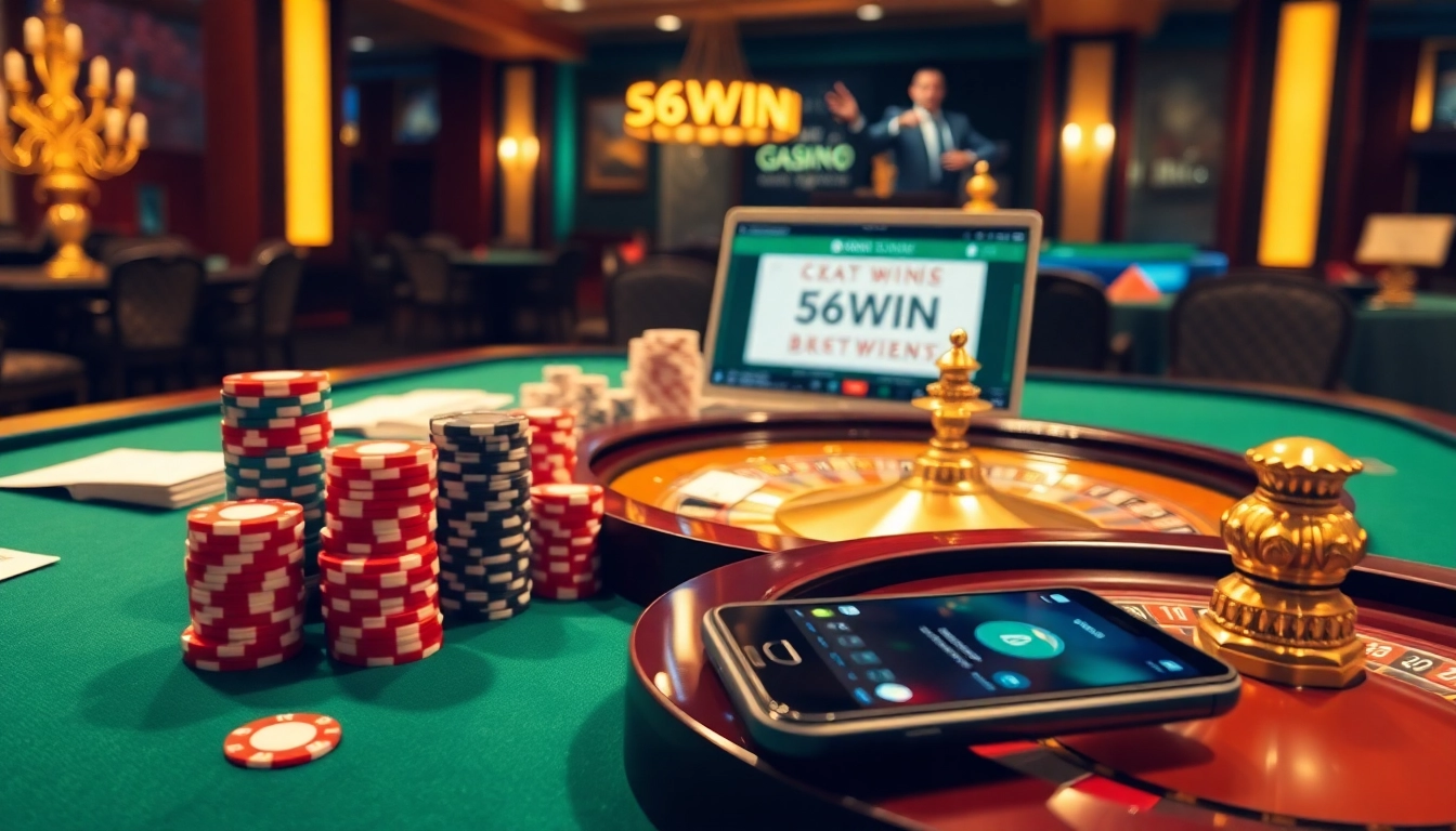 Experience the thrill of 56WIN gameplay with vibrant poker chips and electronic betting slips.