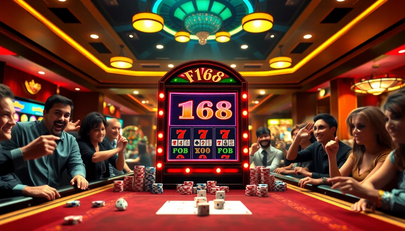 Players enjoying the F168 slot machine in an upscale casino with vibrant colors.