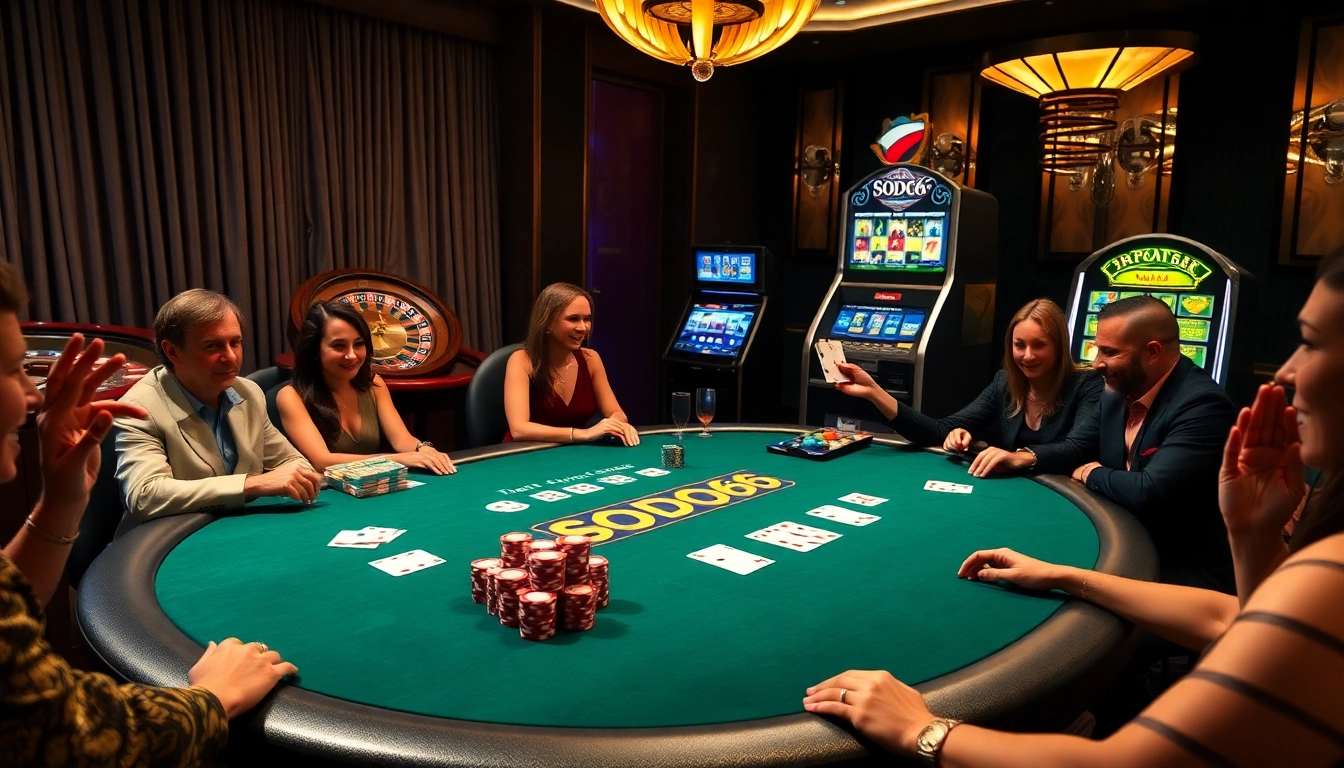 Experience the thrill of the SODO66 casino with players at an upscale poker table.