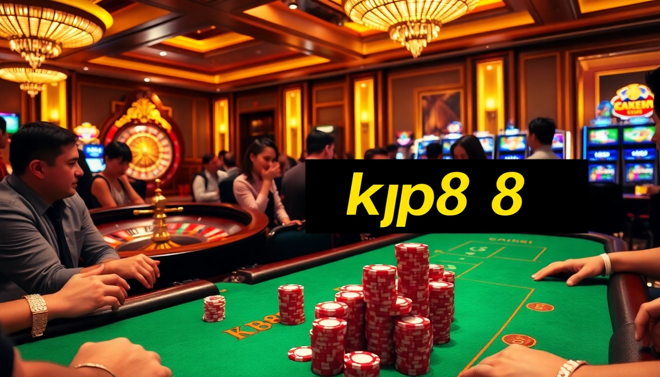 Experience the excitement of kp88 at a luxurious poker table, surrounded by vibrant casino activity.