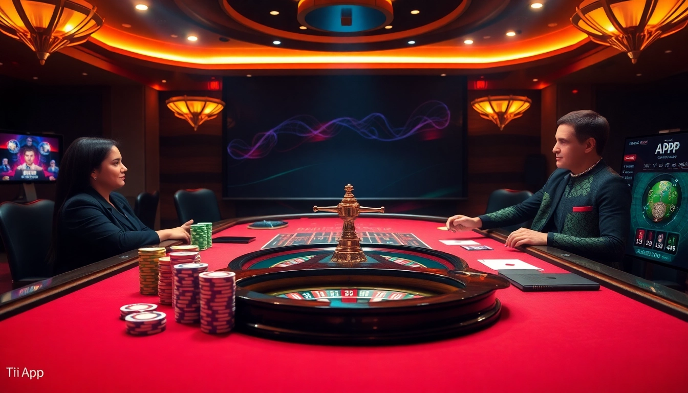 Play and win with Tải App at a stunning poker table featuring colorful chips and cards.