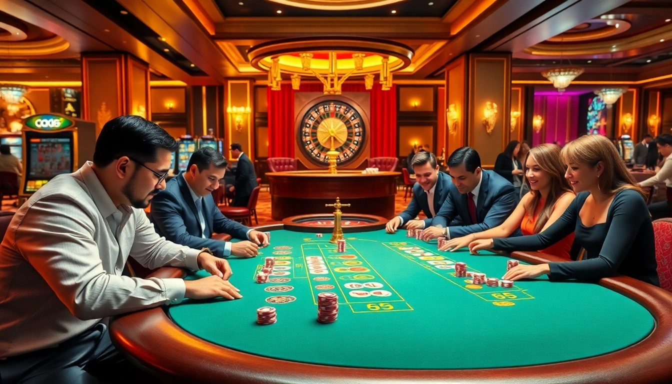 Exciting casino scene featuring players at a poker table with fa88 branding, vibrant atmosphere and high stakes.
