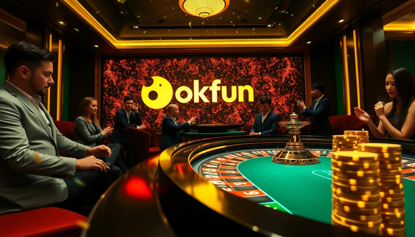 Players engaging at a luxurious casino table with okfun branding, showcasing intense gameplay and excitement.