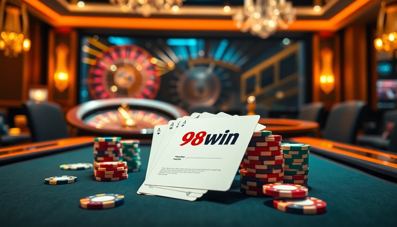 98win branded poker chips and betting slip on an elegant casino table, inviting excitement and anticipation.