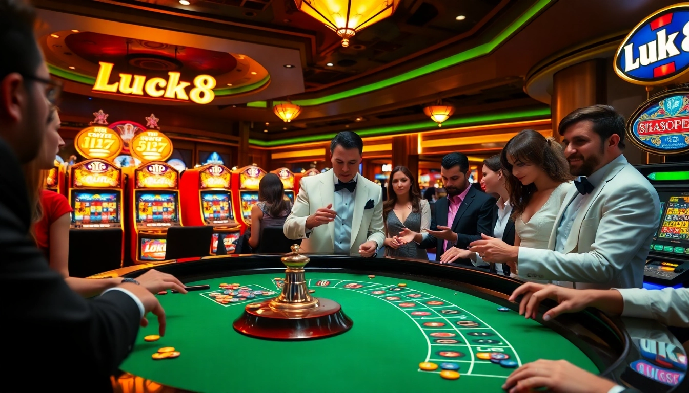 Luck8 players enjoying a thrilling moment at a roulette table in a luxurious casino.