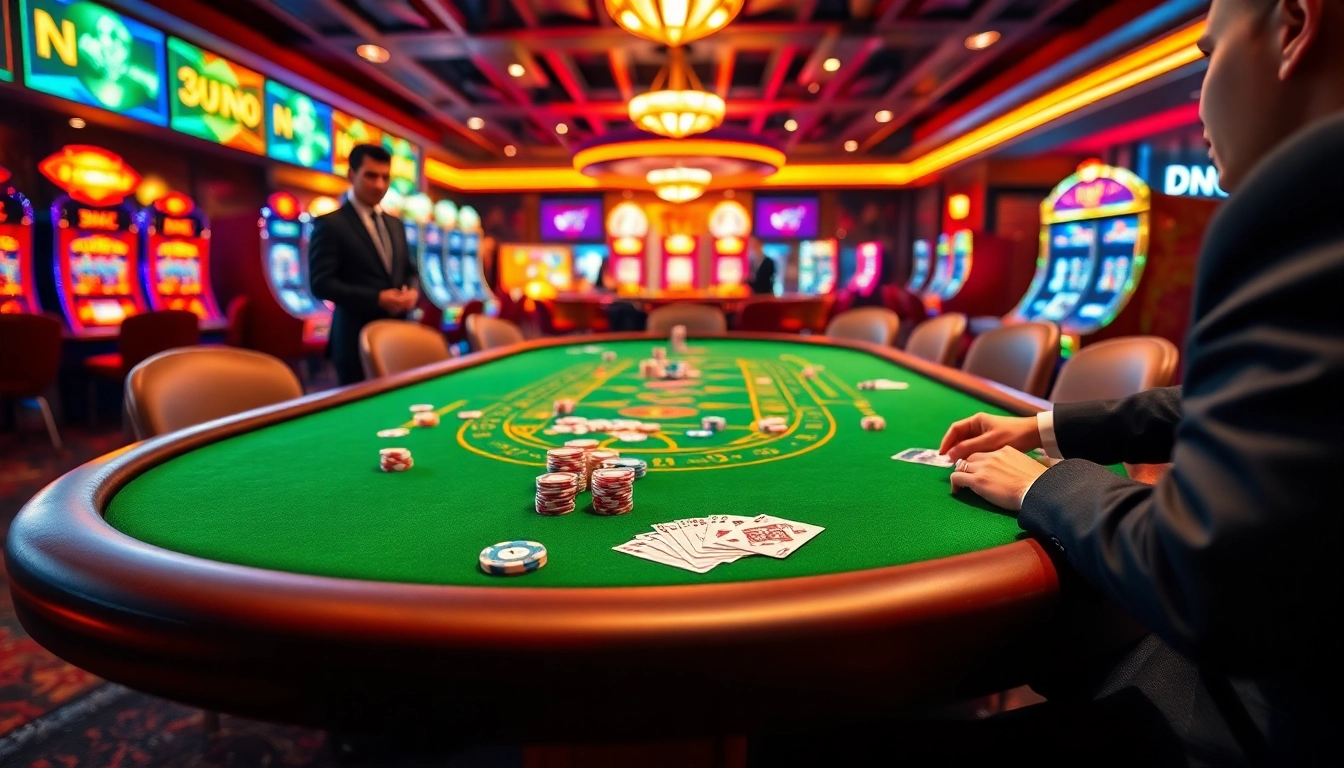Experience thrilling gambling at DN88 with vibrant casino tables, cards, and chips in a luxurious setting.