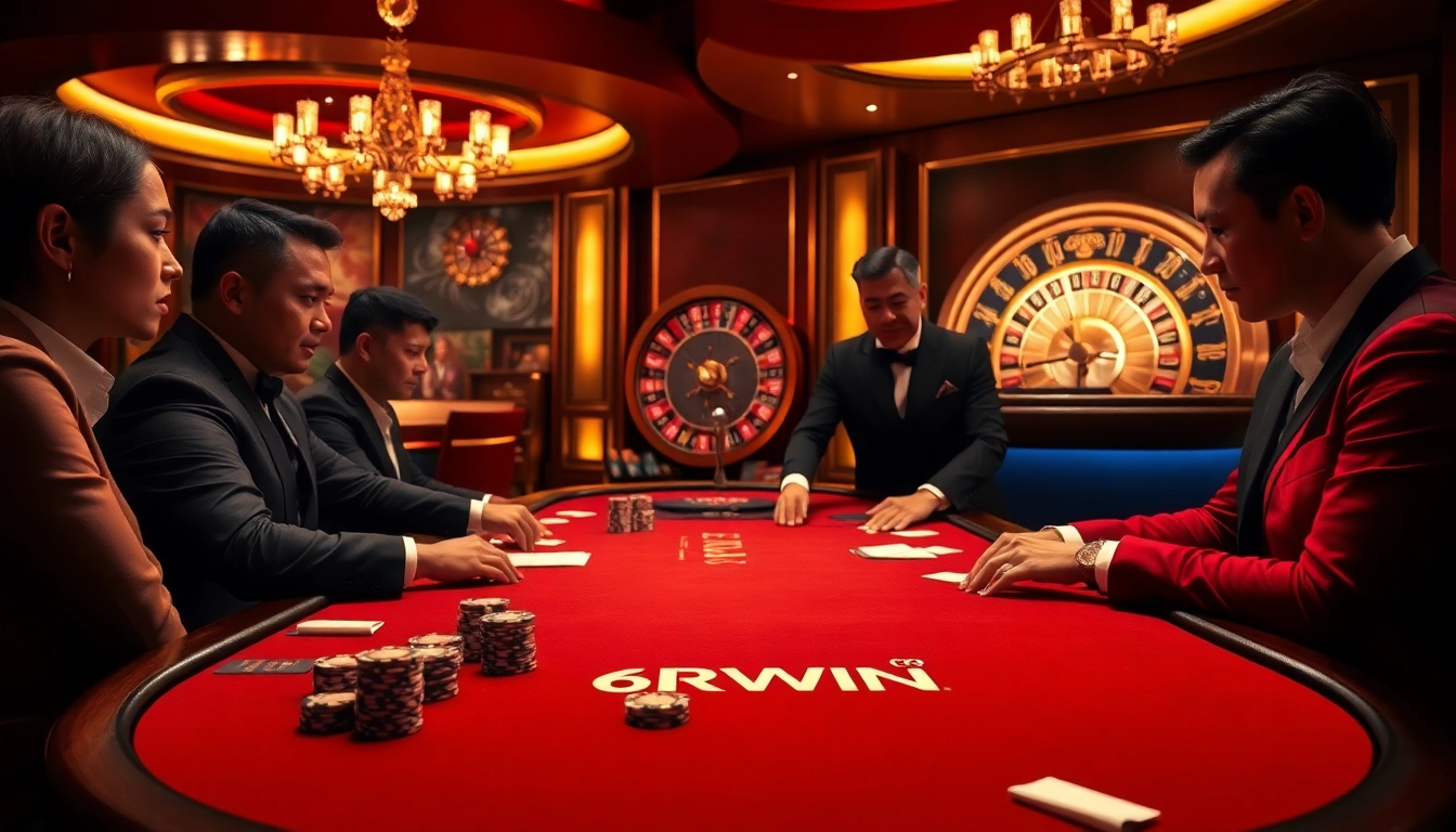 Players place bets at a luxurious poker table showcasing the excitement of 6RWIN casino gaming.